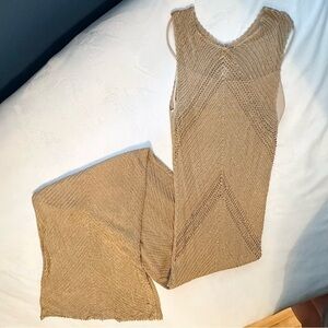 Rimini by Shaw Crocheted & Beaded Tan Beige Fitted Sleeveless Long Dress 8 Y2K
